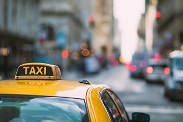 A sunny yellow taxi hums through the city like a busy bee on its daily route.