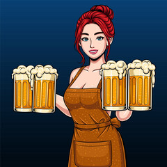 woman character for oktoberfest holding big glasses of beer