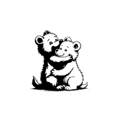 Adorable Embracing Bears: A Delightful Black and White Cartoon Illustration