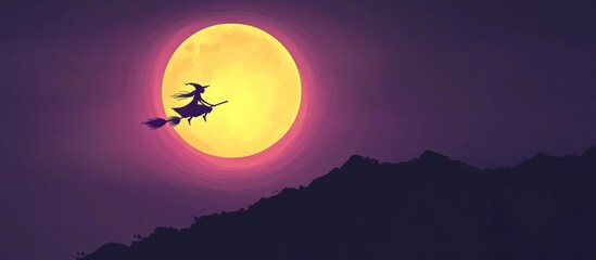 Witch on a broom, full moon, night