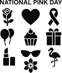 Black silhouette icon set for National Pink Day. Includes solid black icons of pink-related symbolic objects such as roses, hearts, ribbons 