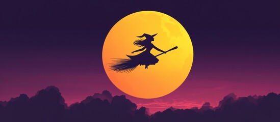 Witch on a broom flies by full moon