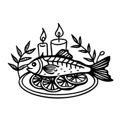 Hand Drawn Cooked Fish Dinner with Lemon Slices, Herbs, and Candles. Black and White.
