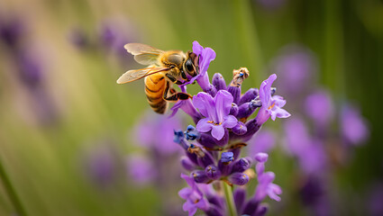 A busy bumblebee gathers pollen from a vibrant purple lavender blossom in a summer garden, a close-up moment in nature's cycle of pollination and honey production