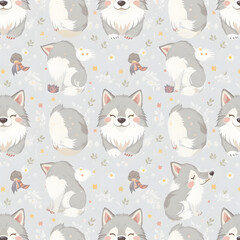 Whimsical Wolf Pup Pattern: A delightful pattern featuring adorable wolf pup illustrations, perfect for various design projects. Embodying the charm of a furry friend with playful essence. 