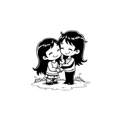 Charming Cartoon Illustration of Two Girls Embracing in a Heartwarming Scene