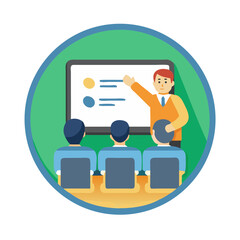 Business Training or Education Icon: Instructor Presenting to Students in Flat Style