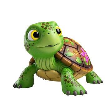 Whimsical depiction of a cartoon turtle with floral patterns on its shell