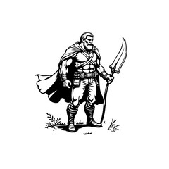 Powerful bearded hero with flowing cape and weapon, standing tall in a stylized illustration