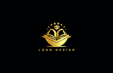 Elegant gold academic logo design with open book, graduation cap, and stars on black background, perfect for educational brands, institutions, and online learning platforms