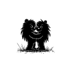 Two playful cartoon bear cubs embracing in black and white monochrome illustration
