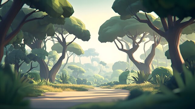 Low Poly Forest Path,  Misty Morning in a Stylized Jungle