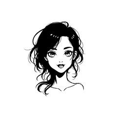 Anime-Inspired Portrait of a Young Woman with Flowing Hair in Black and White