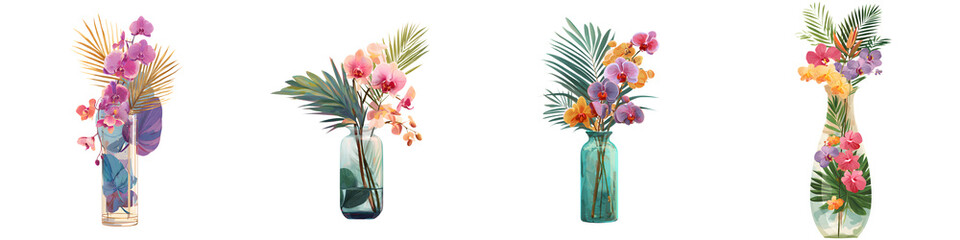 Obraz premium Vibrant tropical flower bouquets in glass vases
