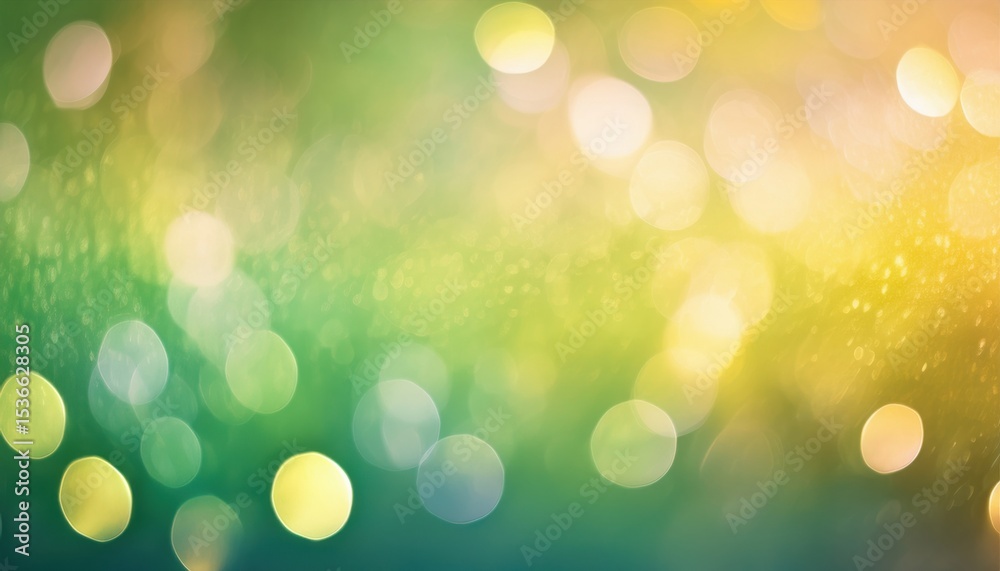 Poster soft green and yellow bokeh light background with dreamy blurred sparkles and subtle gradient glow, 
