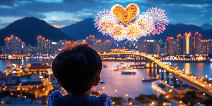 Child watches heart shaped fireworks over city skyline