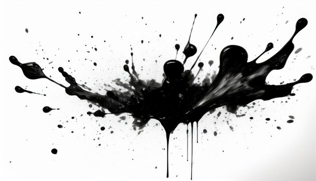 dynamic black ink splash explosion on white background with dripping trails and scattered droplets ideal for grunge poster, branding, or abstract web design

