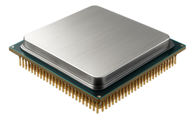 Close-up of a metallic central processing unit (CPU) with gold pins on transparent background.