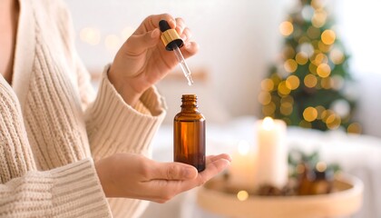 Womans hands holding essential oil bottle with Christmas scene with blurred lights.