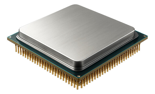 Close-up of a metallic central processing unit (CPU) with gold pins on transparent background.