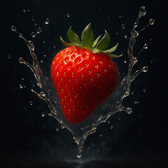 A strawberry with water splash on dark background