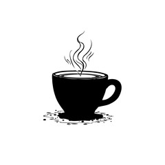 Elegant black and white illustration of a steaming cup of coffee or tea