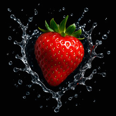 A strawberry with water splash on dark background