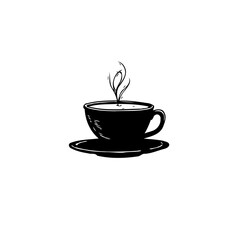 Minimalist black and white illustration of a steaming cup of coffee on a saucer