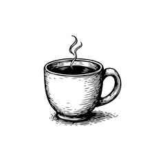 Detailed Hand-Drawn Illustration of Steaming Coffee Cup on a White Background