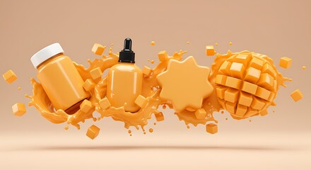 Mango Flavored Products with Splashing Liquid and Cubes on Beige