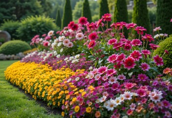 Beautiful vibrant flower bed blooming with colorful pink yellow white and purple flowers in garden