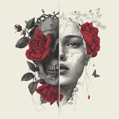 Split skull and woman portrait with red roses - artistic tattoo design blending life and death symbolism, perfect for body art, gothic decor and dark romantic themes