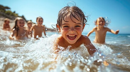 Splashing laughter Children burst through ocean waves on sun drenched beach day