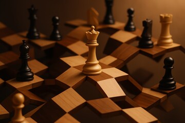 Intricate chess match on a unique wooden board with contrasting black and white pieces at dusk
