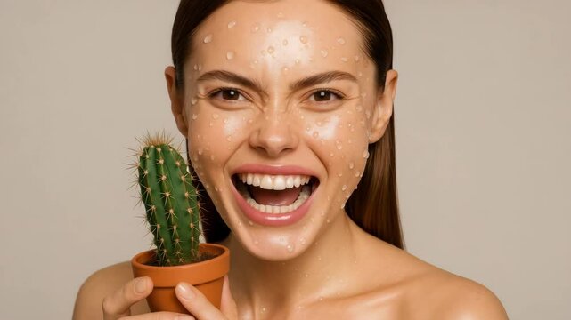 Woman with cactus and spicule gel on her face, natural skincare