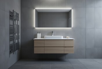 Modern minimalist bathroom vanity with illuminated mirror and sleek fixtures in neutral tones
