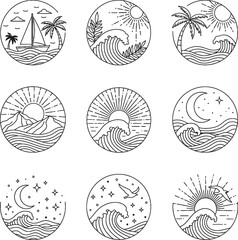 Minimalist Line Art Icons of Ocean and Beach Landscapes in Circular Frames