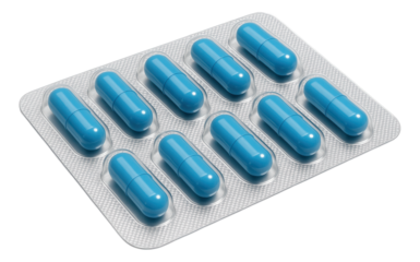 A blister pack containing ten blue capsules arranged in two rows of five on transparent background.