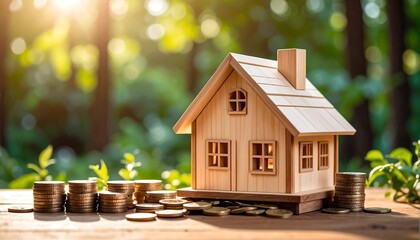 Wooden House Model  Coins on Table in Forest with Saving for Home Concept.