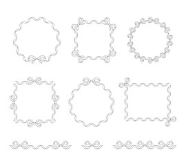 Big set of decorative ribbon frames with bows. Square, round, and oval borders in a modern vintage style. Perfect for invitations, greeting cards, tags, and baby or wedding designs.