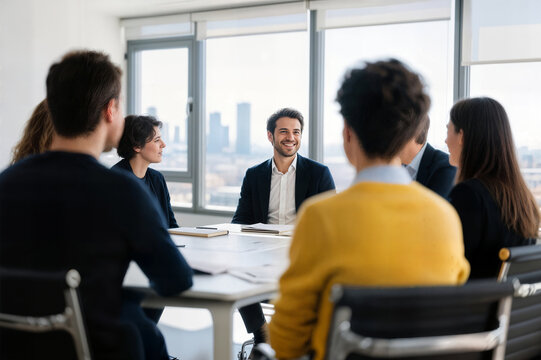 happy business manager working at office meeting smiling male hr hiring recruit at job interview bank or insurance agent lawyer making contract deal concept client at work young business woman worker