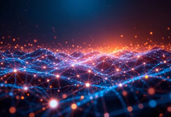 abstract visualization of interconnected glowing network nodes representing technology and data flow in a digital landscape