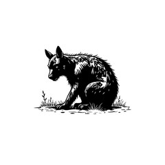 Monochrome Illustration of a Sitting Hyena in its Natural Habitat, Black and White