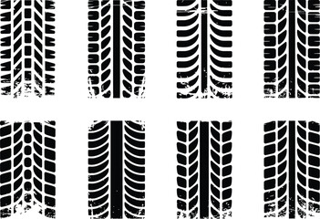 Set of Eight Black Tire Tread Marks with Grunge Texture Isolated