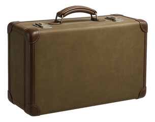Vintage brown leather suitcase with reinforced corners and metal clasps on transparent background.