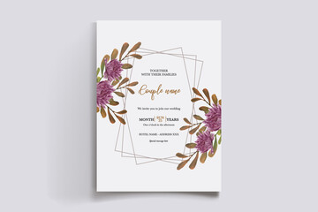 WEDDING INVITATION FRAME WITH FLOWER DECORATIONS AND FRESH LEAVES