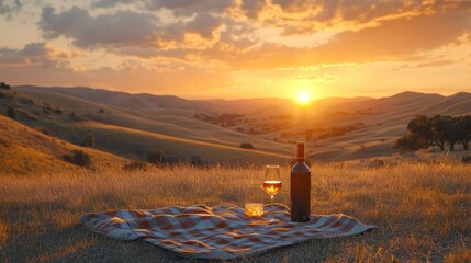 Scenic outdoor picnic sunset with wine