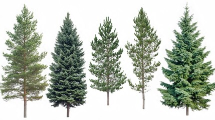 Fototapeta premium Five Tall Evergreen Trees Isolated on White Background