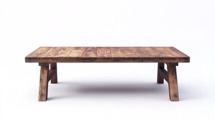 A rustic, wooden table with a natural, textured surface and sturdy legs set against a white background.