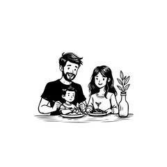 A delightful monochrome illustration of a family enjoying a meal together at the table